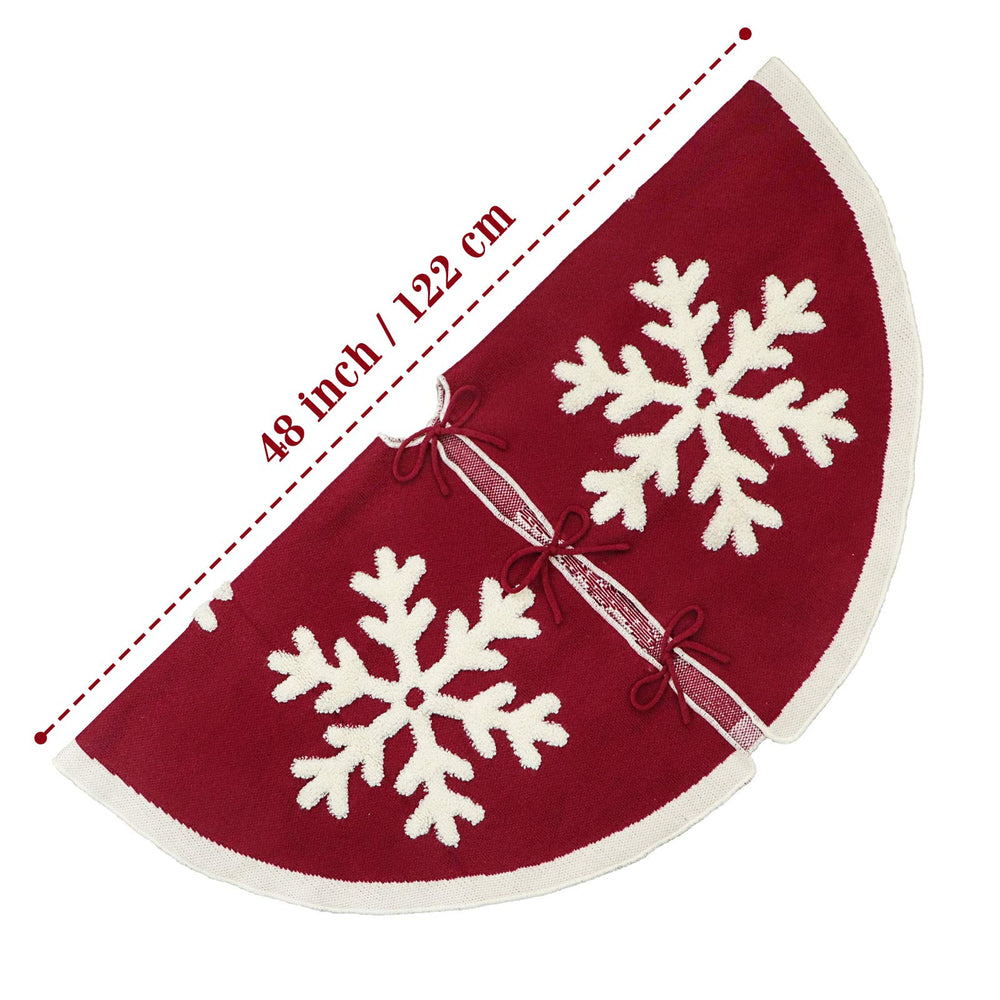 Knitted Christmas Tree Skirt, 48 Inches Knitted Christmas Decorations, Wine Red Heavy Yarn Xmas Holiday Decoration with White Snowflakes, Burgundy and Cream