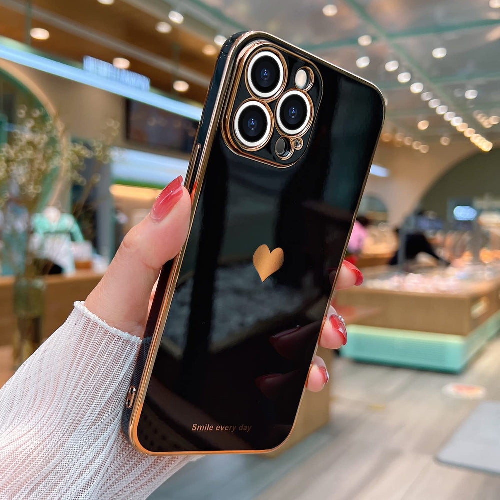 for iPhone 12 Pro Case for Women Girl Cute Love-Heart Luxury Bling Plating Soft Back Cover Raised Full Camera Protection Bumper Silicone Shockproof Phone Case for iPhone 12 Pro, Black