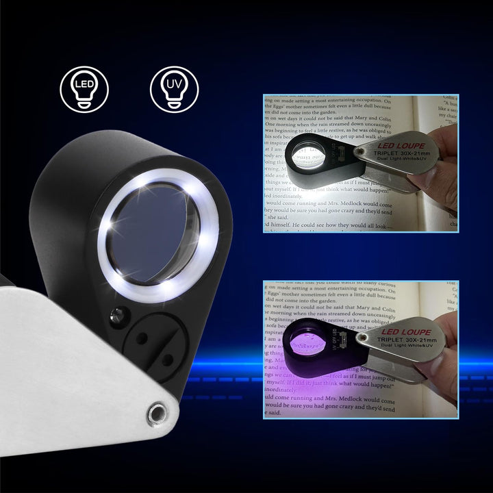Jewelers Loupe Magnifying Glass with Lights, 30X Small Magnifier Glass, Portable Jewelry Loop Magnifying Lens for Reading Diamonds Gems Hobbies Stamps Watch Repair (30X-21mm)