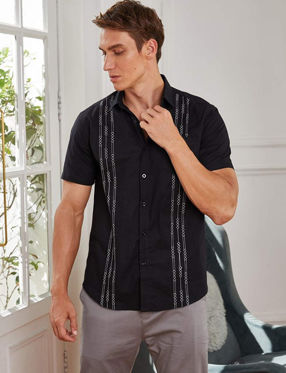 Guayabera Shirts for Men Dress Shirt Short Sleeve Summer Linen Beach Shirt Black