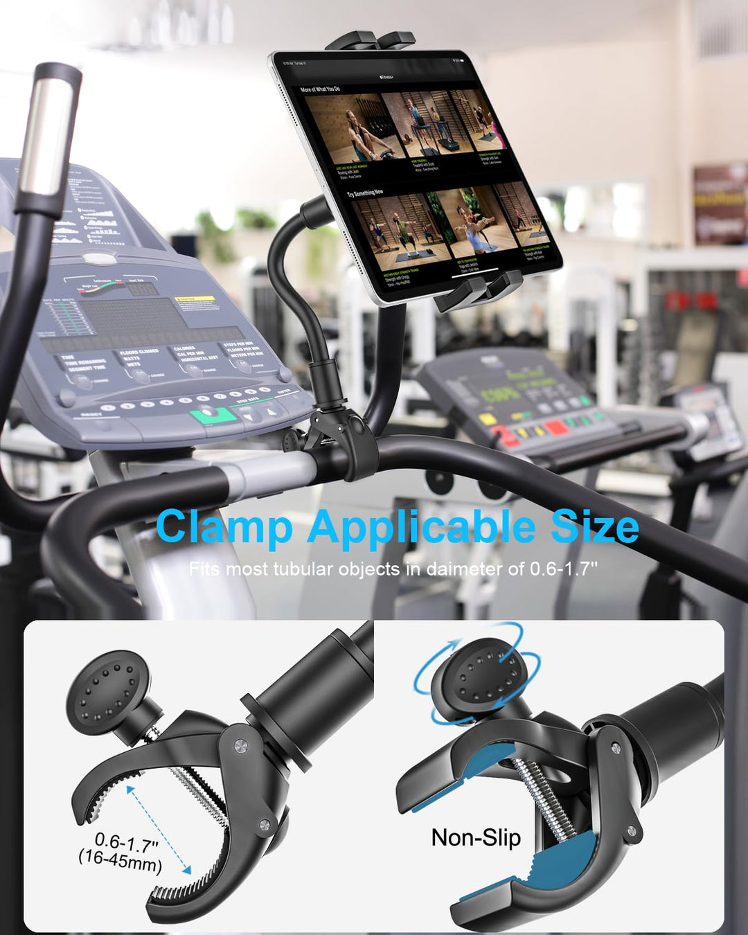 Gooseneck Spin Bike Tablet Mount, Elliptical Treadmill Tablet Holder, Indoor Peloton Stationary Exercise Bicycle Tablet Clamp for iPad Pro 12.9/Air/Mini, Galaxy Tabs, 4-13 CellPhone or Tablets