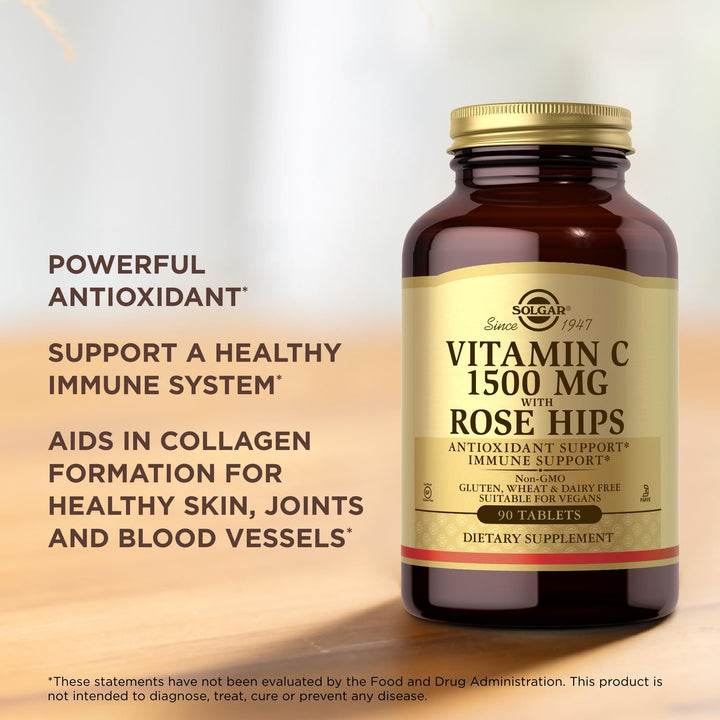 Solgar Vitamin C 1500 mg with Rose Hips - 90 Tablets - Antioxidant &amp; Immune Support - Non-GMO, Vegan, Gluten Free, Dairy Free, Kosher - 90 Servings