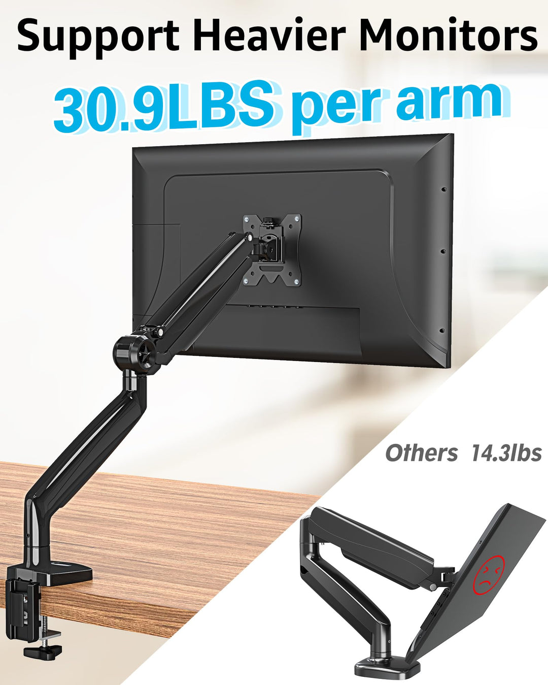 Single Monitor Stand for 13-35 Inch Larger Screen, Heavy Duty Monitor Arm Holds up 4.4-30.9 lbs, Fully Motion Gas Spring Monitor Mount, Computer Monitor Stand with C-Clamp &amp; Grommet Base