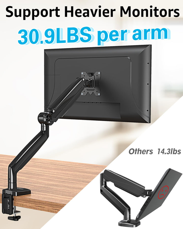 Single Monitor Stand for 13-35 Inch Larger Screen, Heavy Duty Monitor Arm Holds up 4.4-30.9 lbs, Fully Motion Gas Spring Monitor Mount, Computer Monitor Stand with C-Clamp &amp; Grommet Base