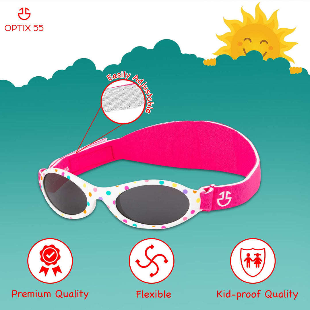 Baby Sunglasses 0-6, 6-12 month - Age 3 Years | Infant, Toddler Girl &amp; Boy Sun Glasses with Adjustable Strap, Baby Beach Gear | UV 400 Protection | Soft Rubber Frame Sunshades with Case (white)