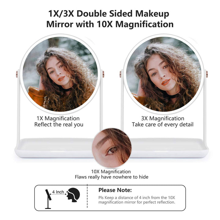 Yuthism Magnified Lighted Makeup Mirror with 1X/3X/10X Magnification- 7 Double Sided Vanity Mirror with Lights, Touch Sensor, Dimmable, Rechargeable & Cordless- Countertop Makeup Mirror with Lights