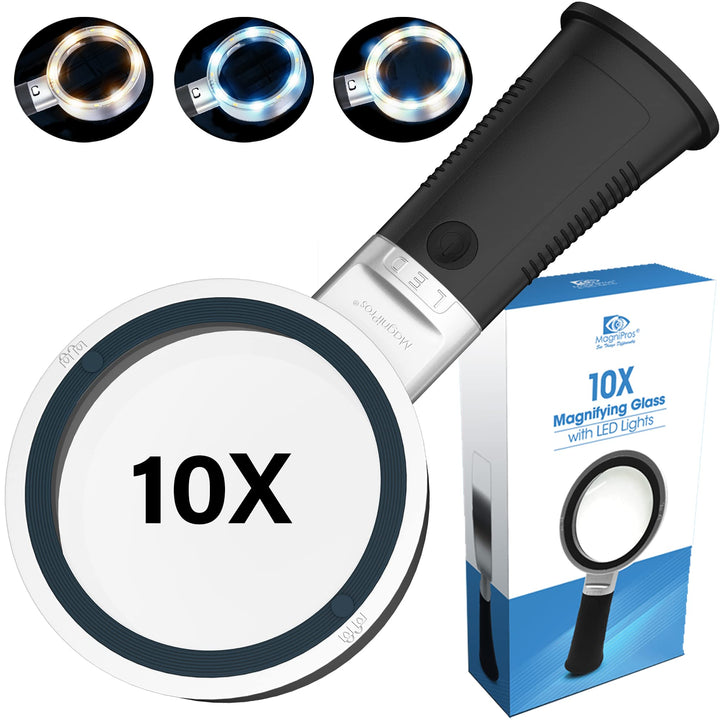 MagniPros Extra Large 10X Magnifying Glass with Detachable Lenses- 3 Color Modes with Self-Standing Non-Slip Ergonomic Handle for Hobbyists, AMD, Reading Fine Print, Seniors