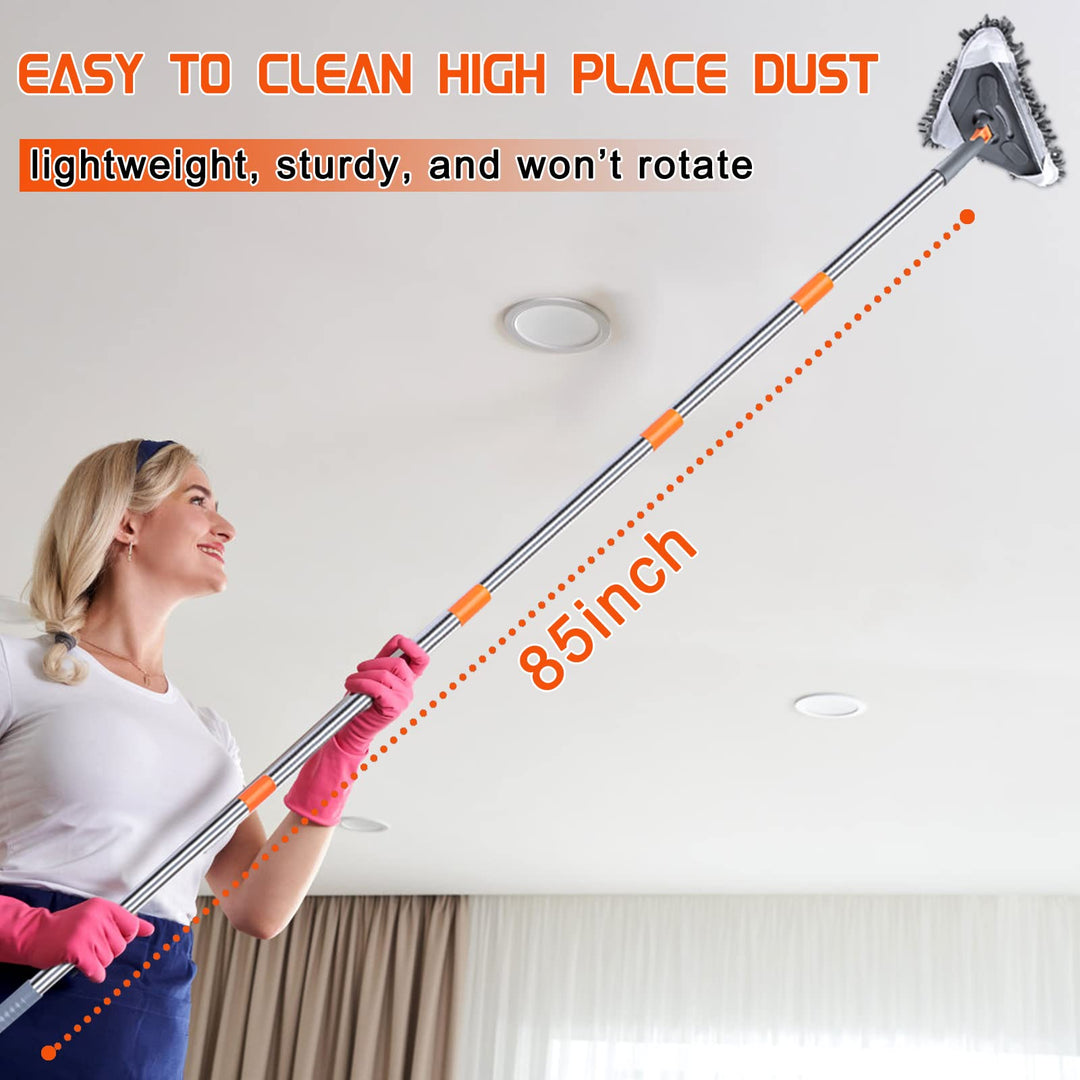 85 Inch Wall Cleaner Mop with Long Handle - Baseboard Cleaner Tool Duster for Wall Washer Cleaning Ceiling Window Floor, with Extension Pole 39 to 85, 6 Replacement Microfiber Chenille Pads