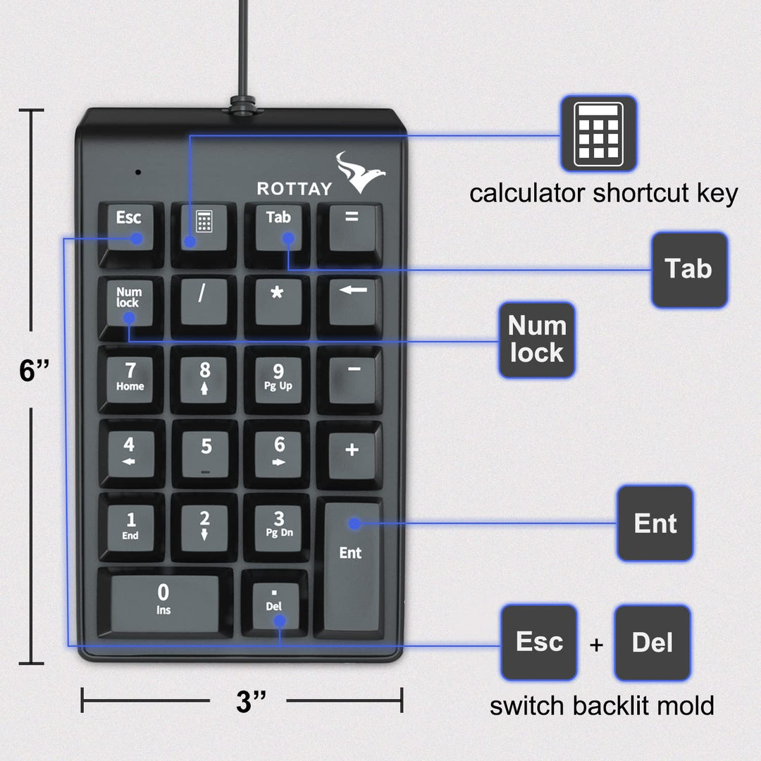 Number Pad, Mechanical USB Wired Numeric Keypad with Blue LED Backlit 22 Key Numpad for Laptop Desktop Computer PC Black (Blue switches)