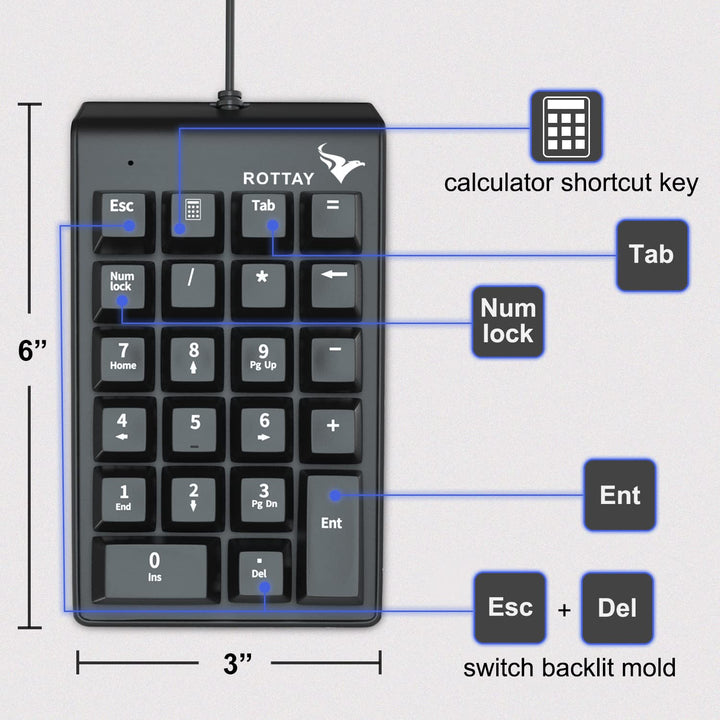 Number Pad, Mechanical USB Wired Numeric Keypad with Blue LED Backlit 22 Key Numpad for Laptop Desktop Computer PC Black (Blue switches)