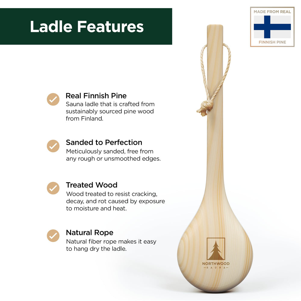 - Sauna Ladle - Handmade from Finnish Pine Wood - Natural Rope - 14 Handle & 3.4 oz (100 mL) Capacity Spoon