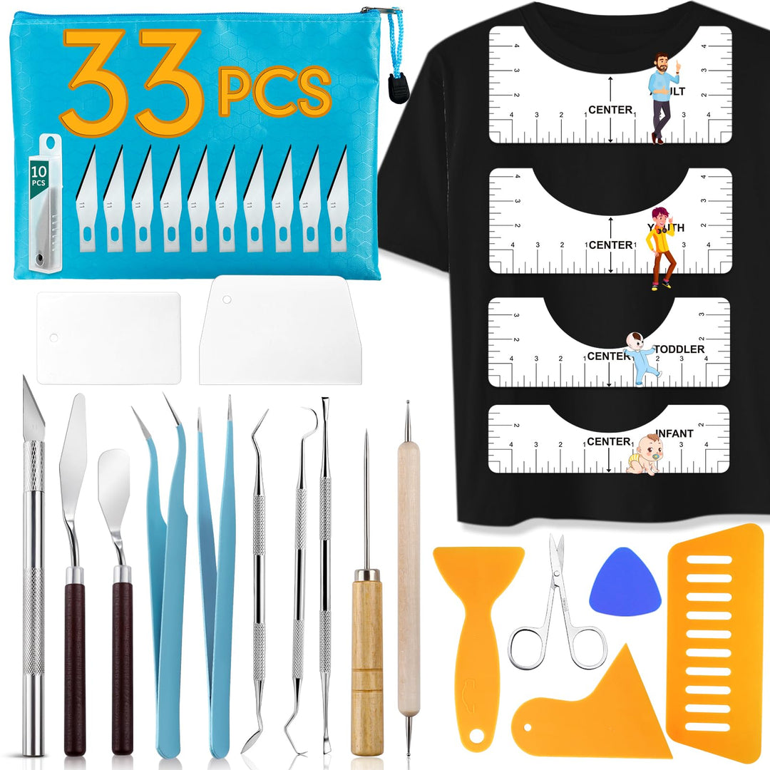 33pcs Vinyl Weeding Tools with T-Shirt Ruler Guide,Craft Tools Set for DIY Heat Transfer Printing, Weeding Vinyl,Silhouettes,Scrapbooking,Lettering, Cutting, Splicing.
