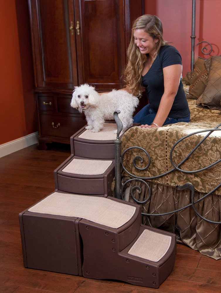 RAW SUGAR Easy Step Bed Stair for Cats/Dogs, Adjusts to Either Side of Bed, Removable Washable Carpet Treads, Storage Compartment, for Pets Up to 75lbs