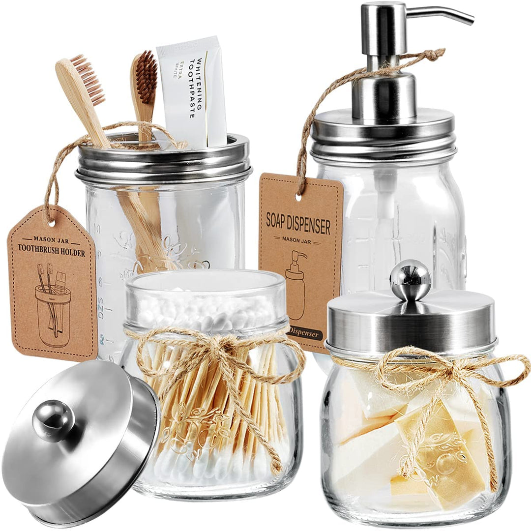 Mason Jar Bathroom Accessories Set 4 Pcs -Lotion Soap Dispenser &amp; 2 Cotton Swab Holders &amp; Toothbrush Holder - Rustic Farmhouse Decor, Bathroom Home Decor, Perfect Decorating Idea (Grey)