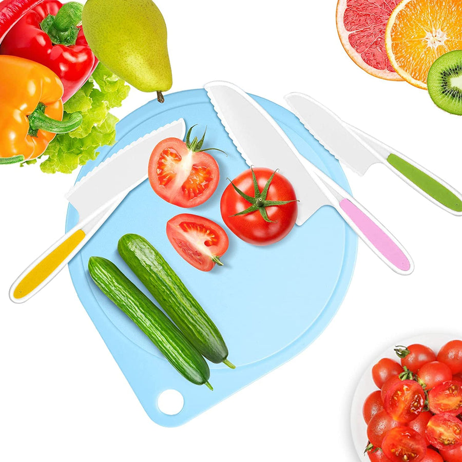 Kids Knife Set for Cooking, with Cutting Board, Safe Lettuce and Salad Knives, Kids Cooking Utensils (Blue Round)