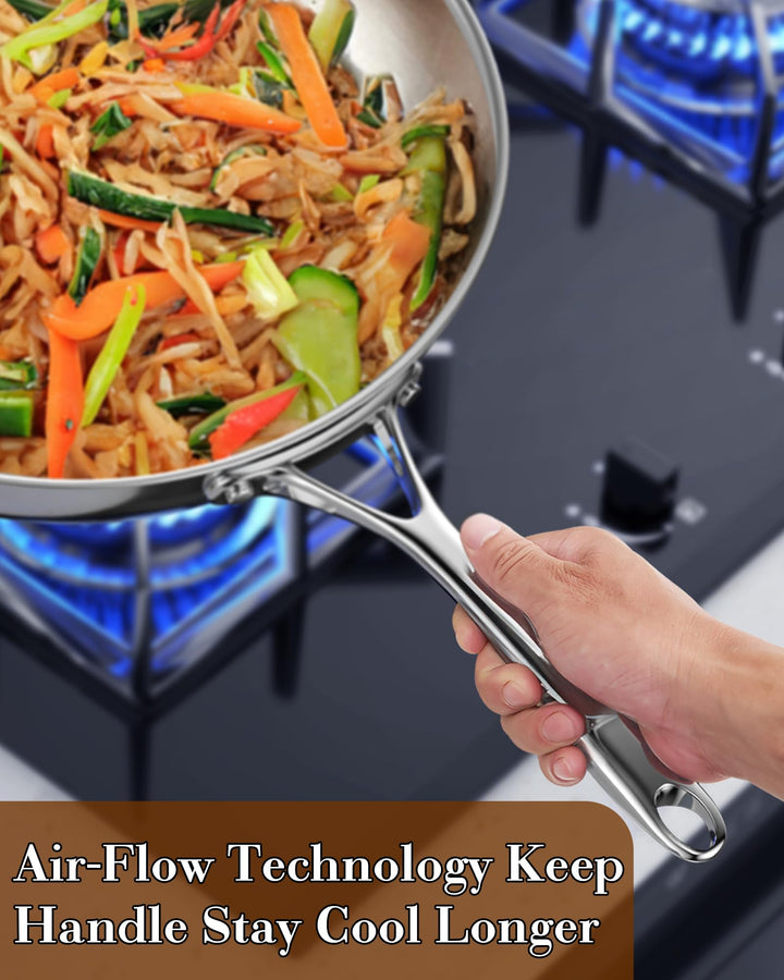 Stainless Steel Frying Pan 12 Inch, Multi-Ply Full Clad Wok Stir-Fry Cooking Skillet Pans with Dome Lid, Stay-Cool Handle, Dishwasher Safe, Oven Safe 500°F, Silver