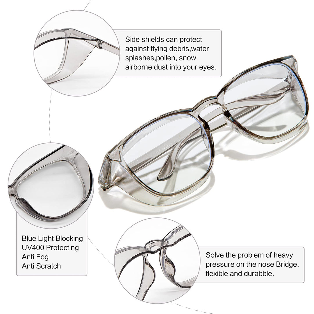 Safety Glasses Anti Fog Clear Safety Goggles Protective Eyewear Blue Light Blocking Scratch Resistant Anti Dust UV Protection Glasses with Side Shields For Men And Women(Grey)