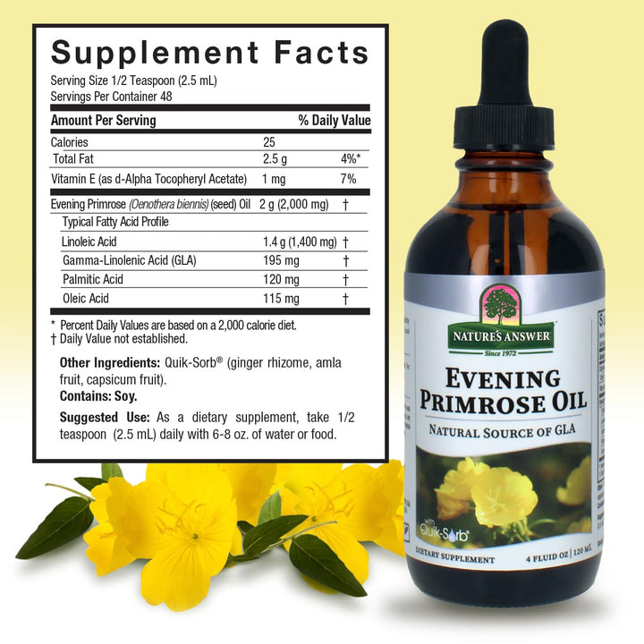 Nature&#39;s Answer Liquid Evening Primrose Oil 4oz Liquid | Cold Pressed | Essential All Natural Moisturizer for Hair, Skin, Nails | Rosacea Psoriasis Eczema Relief | Single Count