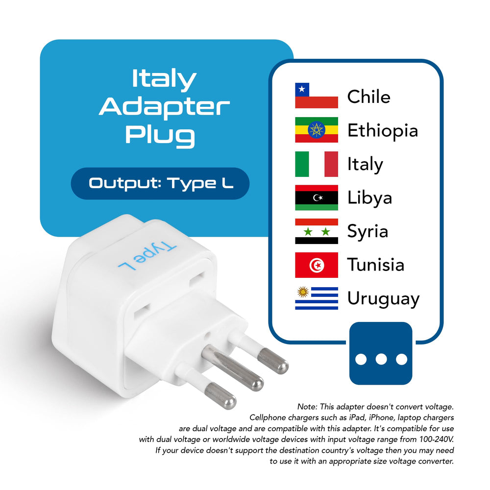Italy Power Adapter, Type L plug adapter, Universal Travel Adapter Chile, Italy travel adapter plug perfect for Rome, Lybia, Tunisia, Uruguay, GP-12A - White (3 Pack)