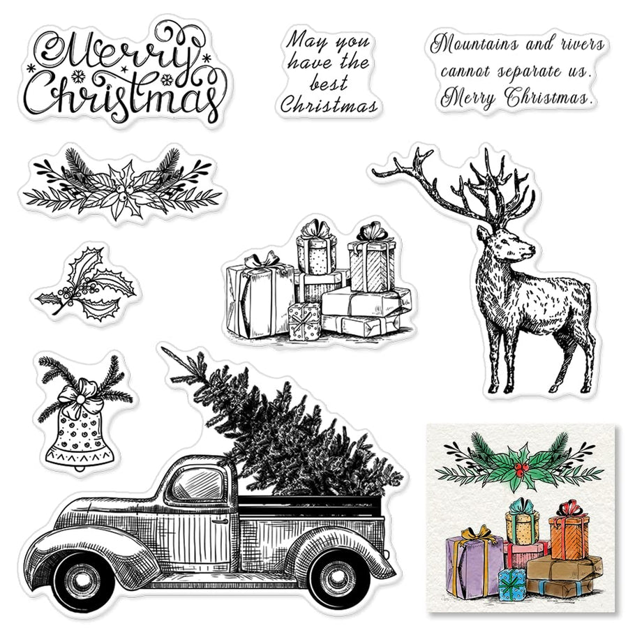 Christmas Tree Truck Clear Stamps for Card Making and Photo Album Decorations, Christmas Greeting Words Silicone Stamps Elk Deer Gift Transparent Rubber Stamps Seal for DIY Scrapbooking