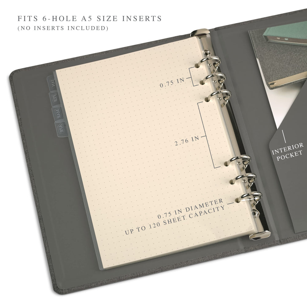 Jumping Fox Design Linen Fabric 6 Ring A5 Binder, 0.75 Inch Small Binder, for 6 Hole Punch A5 Refill Paper and Planner Inserts (6 Round Ring, 0.75, Forest Green)