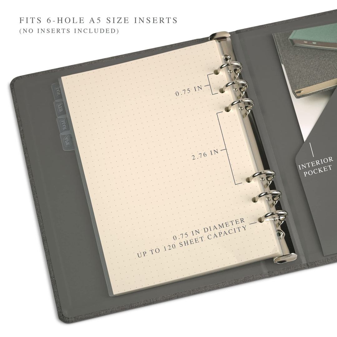 Jumping Fox Design Linen Fabric 6 Ring A5 Binder, 0.75 Inch Small Binder, for 6 Hole Punch A5 Refill Paper and Planner Inserts (6 Round Ring, 0.75, Forest Green)