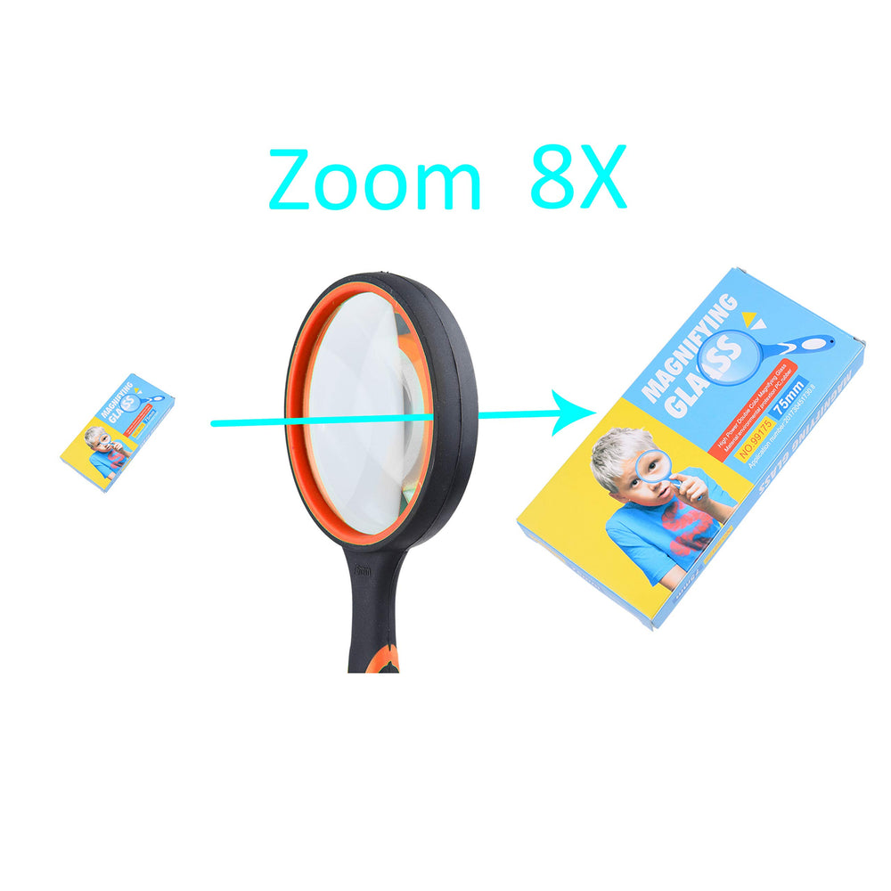 8X Handheld Reading Magnifier - 75MM Large Magnifying Lens - Non-Slip Soft Handle - Use for Science, Reading, Insect and Plant Observation - for Kids, Adults, Elderly (Orange)