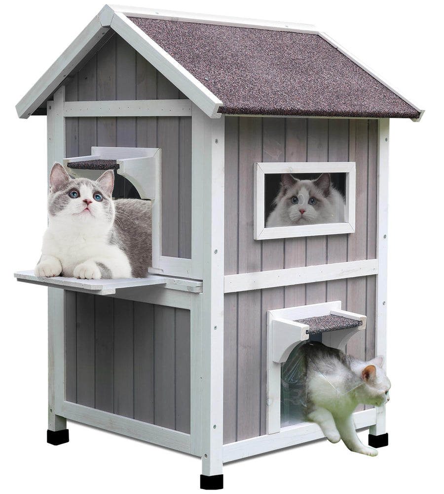 Outdoor Cat House, Large Outdoor Houses for Feral Cats Wooden Outside Cat Shelter Weatherproof with Escape Door