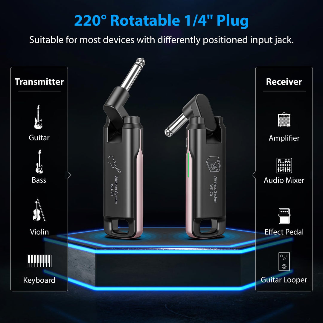 Wireless Guitar System, UHF Audio Wireless Guitar Transmitter and Receiver Rechargeable Wireless Guitar Transmitter Receiver with 70 Channels for Guitar Bass Electric Instruments (Pink)