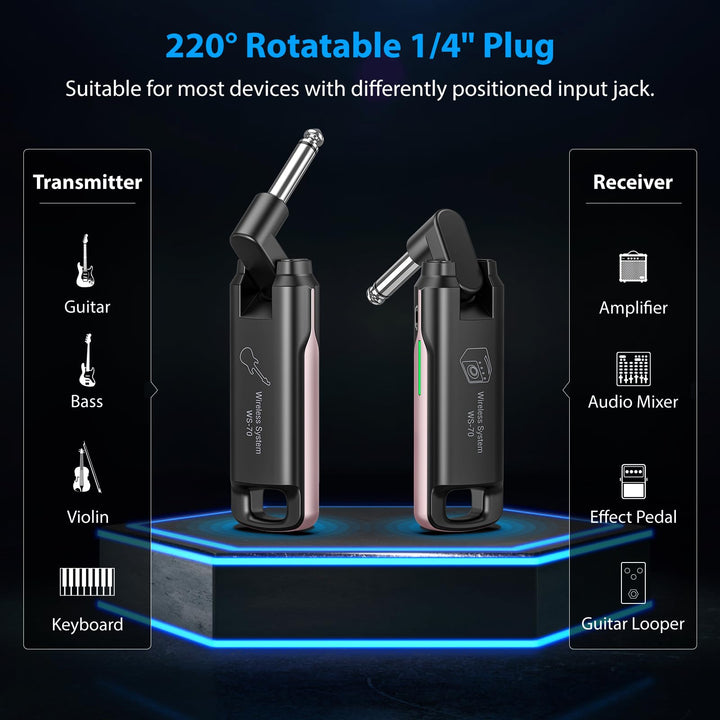 Wireless Guitar System, UHF Audio Wireless Guitar Transmitter and Receiver Rechargeable Wireless Guitar Transmitter Receiver with 70 Channels for Guitar Bass Electric Instruments (Pink)