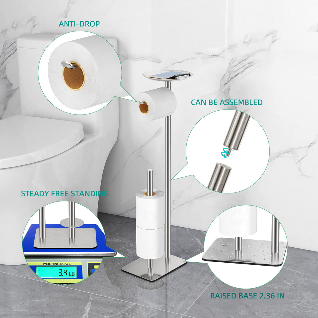 Toilet Paper Holder Stand for Bathroom Floor Standing Toilet Roll Dispenser Storages 4 Reserve Rolls, with Top Storage Shelf for Cell Phones, Wipe, Wallet and More(Brush Nickel)