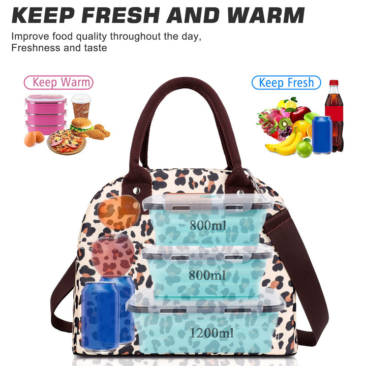 Lunch Bags for Women with Adjustable Shoulder Strap, Leakproof Insulated Lunch Box Women Lunch Tote Bag Cooler Bag Container Lunch Pail Bags for Work Picnic Sports Travel (Beige with leopard)