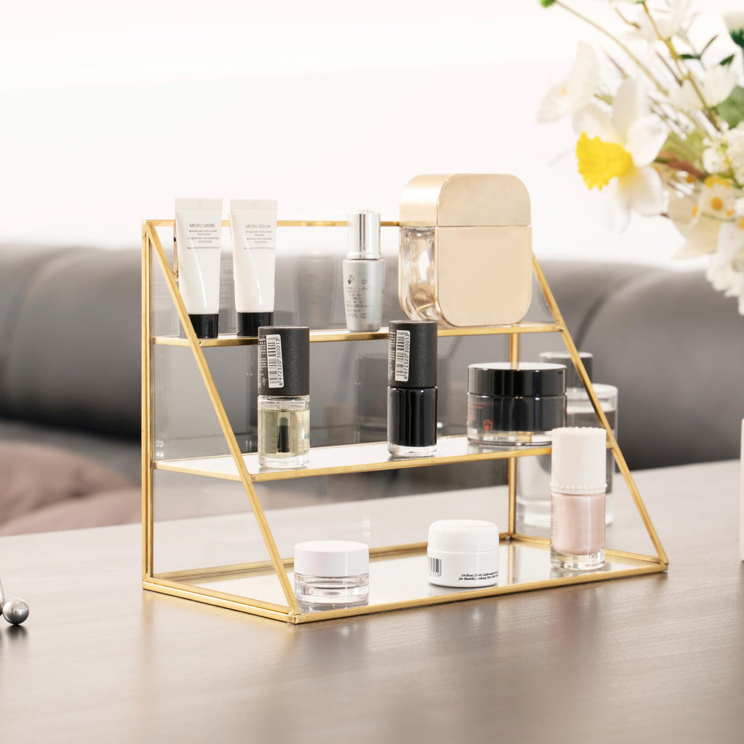 Gold Makeup Organizer Case Vanity, 3 Layers Glass Makeup Storage Cosmetics Organizer Earring Ring Holder Display Case