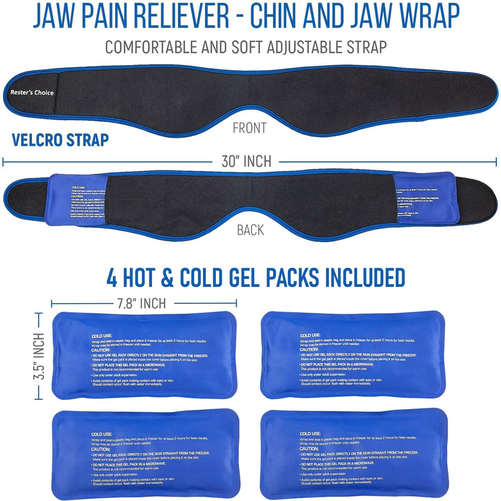 Face Ice Pack - Use as Wisdom Teeth Ice Pack, TMJ Relief Products, Jaw Pain - Hot & Cold Therapy for Chin, Headaches, Post Surgery Treatment - Adjustable Face Wrap Includes 4 Gel Packs