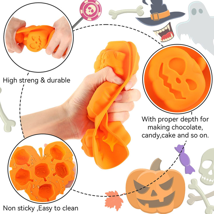 4Pcs Halloween Silicone Molds Rectangle Leaf Pumpkin Shape Candy Mould Tray Pumpkin Ghost Bat Skull Fondant Chocolate Moulds for DIY Craft Cupcake Cake Topper Decor Soap Jelly, Orange