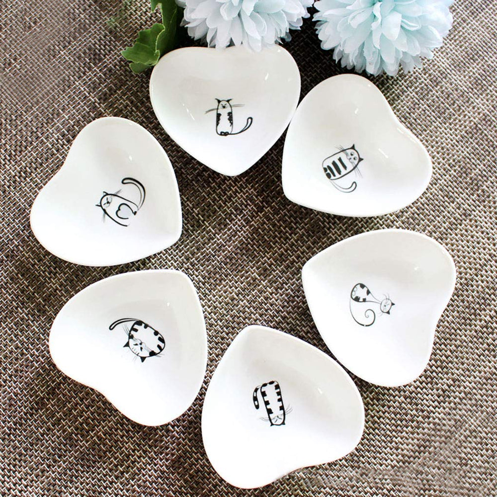 Cute Cat Ceramic Side Sauce Dishes Mini Heart shape Seasoning Dish, Sushi Soy Dipping Bowl,Serving Saucers Dishe,Meow Porcelain Small Tea Bag Holder Set of 6 (Cat)