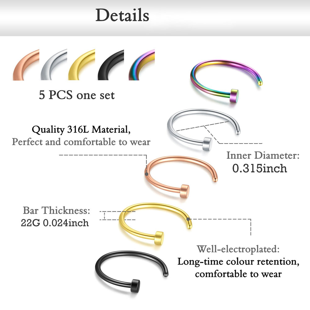 22G Nose Rings Stainless Steel Nose Rings Hoop Tiny L Shape Nose Studs Small Nose Bone Colorful Pack for Women Men 17-39 Pcs