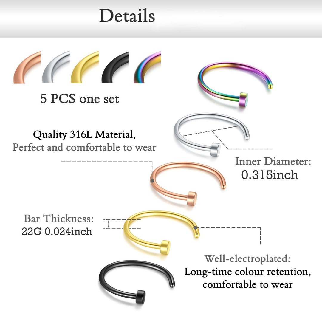 22G Nose Rings Stainless Steel Nose Rings Hoop Tiny L Shape Nose Studs Small Nose Bone Colorful Pack for Women Men 17-39 Pcs