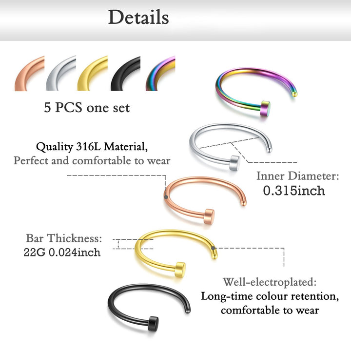 22G Nose Rings Stainless Steel Nose Rings Hoop Tiny L Shape Nose Studs Small Nose Bone Colorful Pack for Women Men 17-39 Pcs