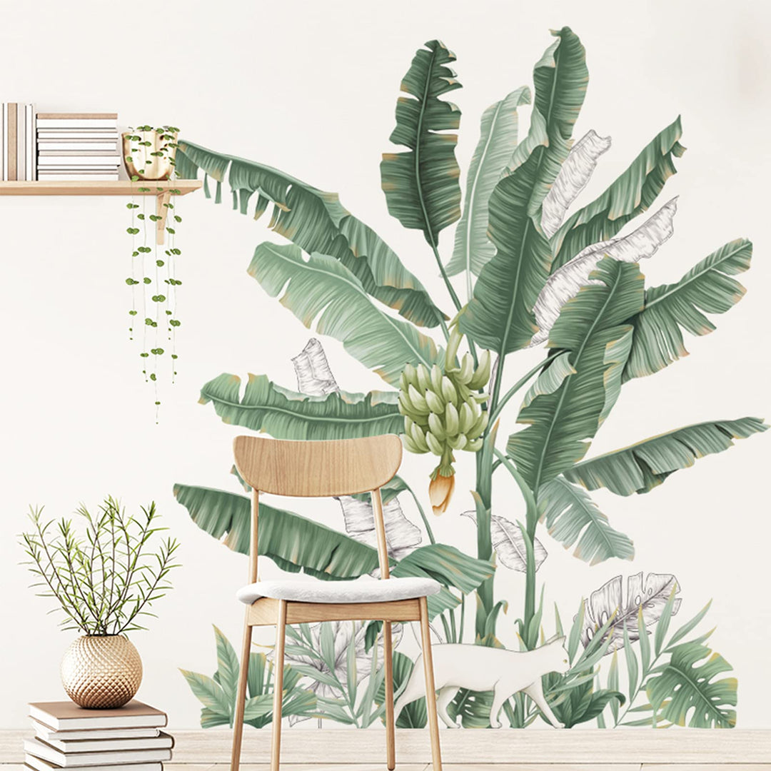 Green Plants Wall Stickers, Removable Waterproof Fresh Leaves Stick Wall Decals, Vibrant Tropical Leaf Peel and Stick Art Murals for Bedroom Living Room Office Home Decorations (D)