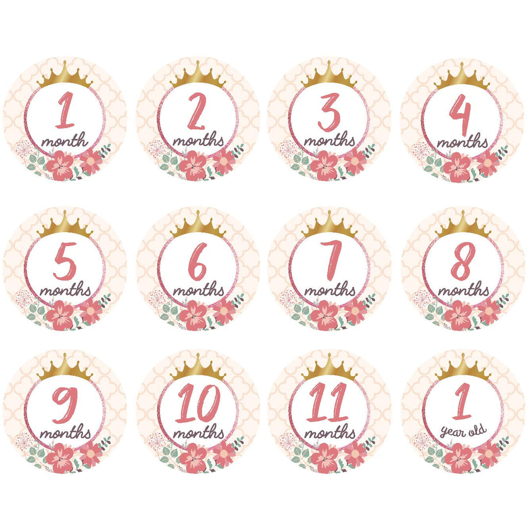 Baby Monthly Milestone Stickers, (Set of 20) Baby Belly Stickers with Crown Rose Gold Flower, Best Baby Shower Registry Gift, Scrapbook Photo Keepsake or Baby Photo Sharing Milestone Sticker.