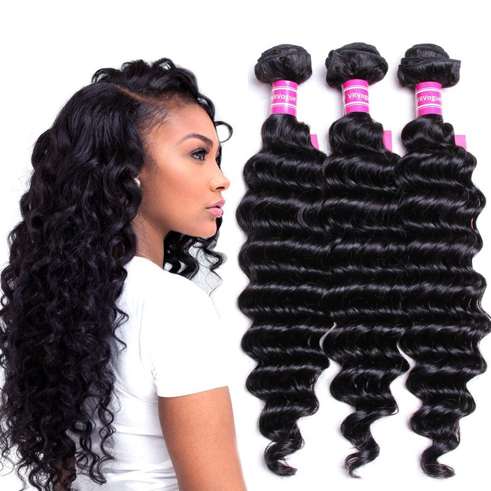 VRVOGUE (12 12 12) Hair Bundles Deep Wave Brazilian Weave Hair Unprocessed Virgin Brazilian Human Hair Weave Bundles Extensions Natural Color Total (10.6 OZ)
