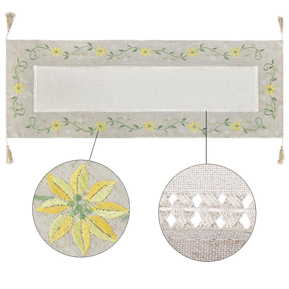 Small Short Hemstitched Spring Floral Table Runners with Four Tassels, Dresser Scarves (15x42 inch)