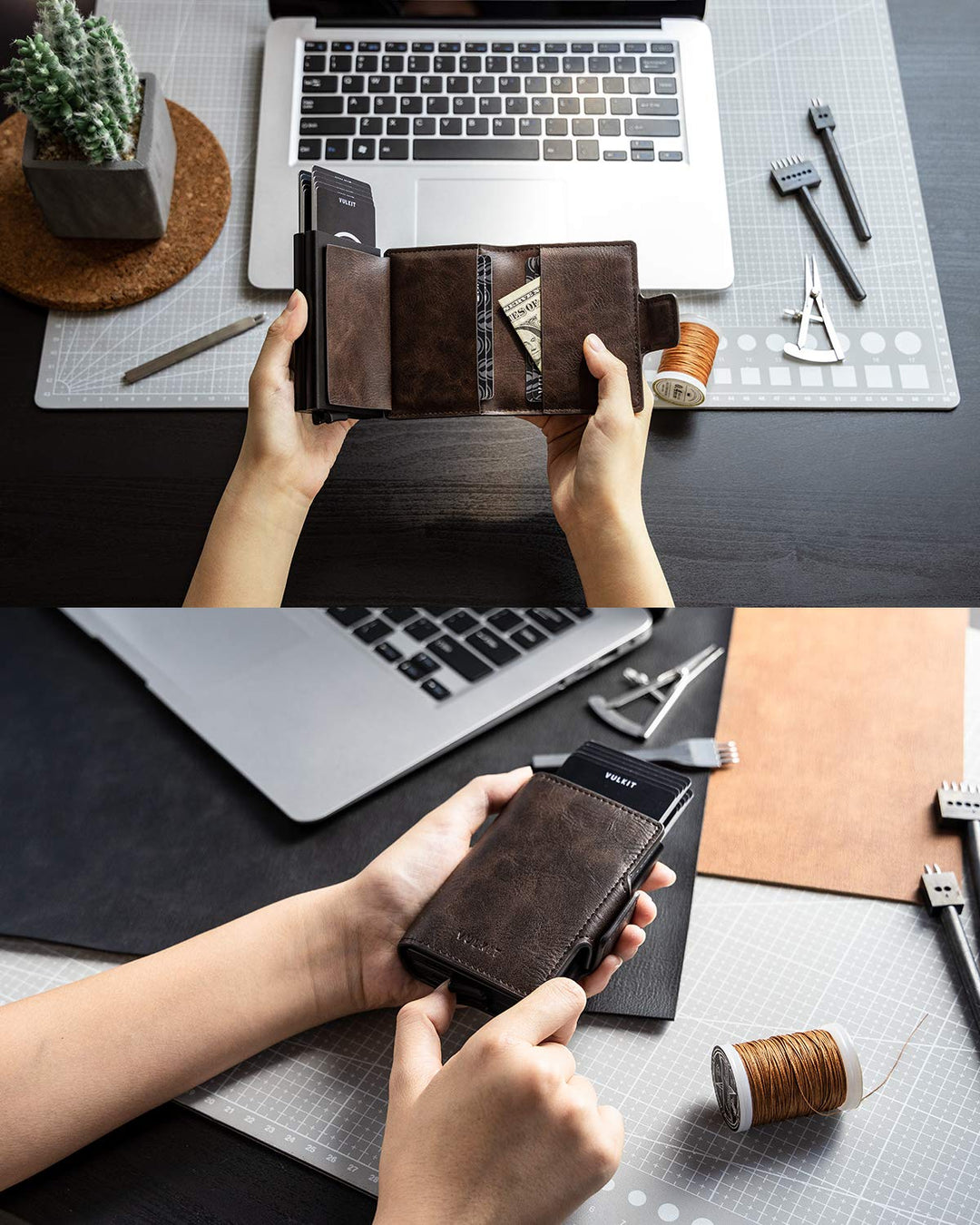 Credit Card Holder RFID Blocking Leather Automatic Pop Up Wallet Magnetic Wallet Double Card Case for Men and Women Espresso
