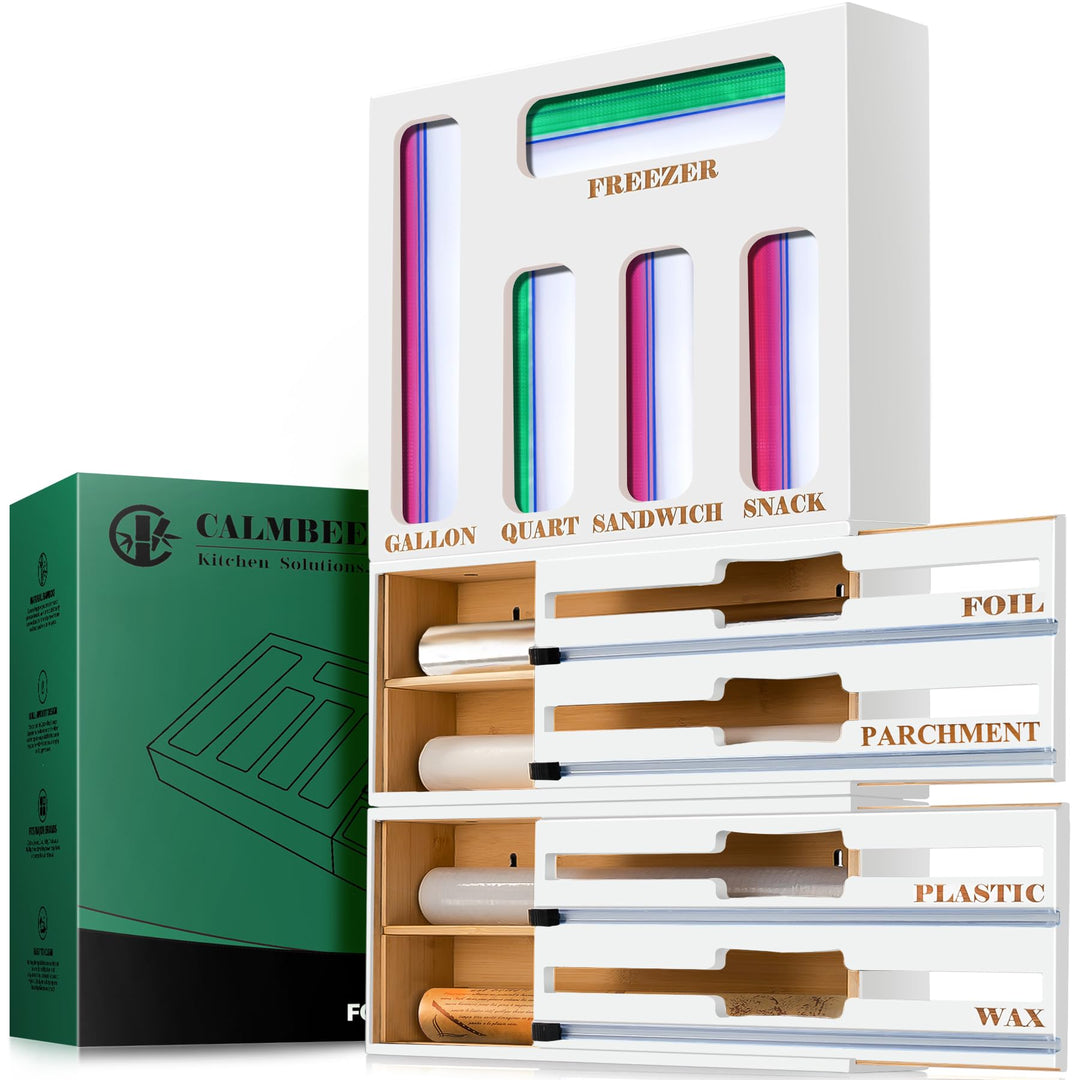 Storage Bag Organizer and Wrap Dispenser with Cutter, 9 in 1 Bamboo Foil and Plastic Wrap Organizer for Kitchen Drawer, Plastic Bag Organizer for Gallon, Quart, Sandwich (White, Large)