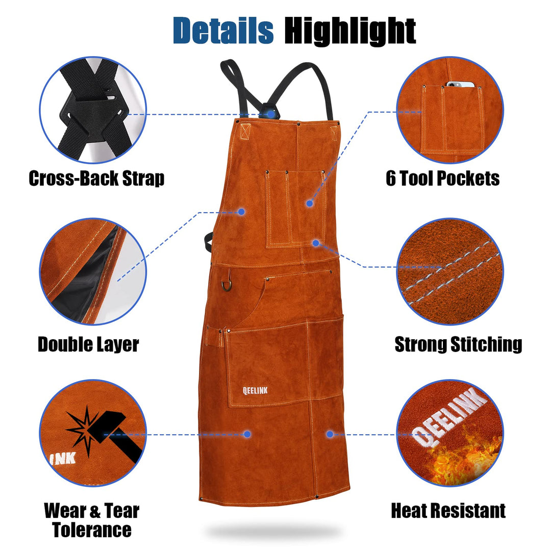 Leather Welding Work Shop Apron with 6 Tool Pockets, Heat &amp; Flame Resistant Cowhide Heavy Duty Blacksmith Apron, 24 x 36, Adjustable M to XXXL for Men &amp; Women (Brown)