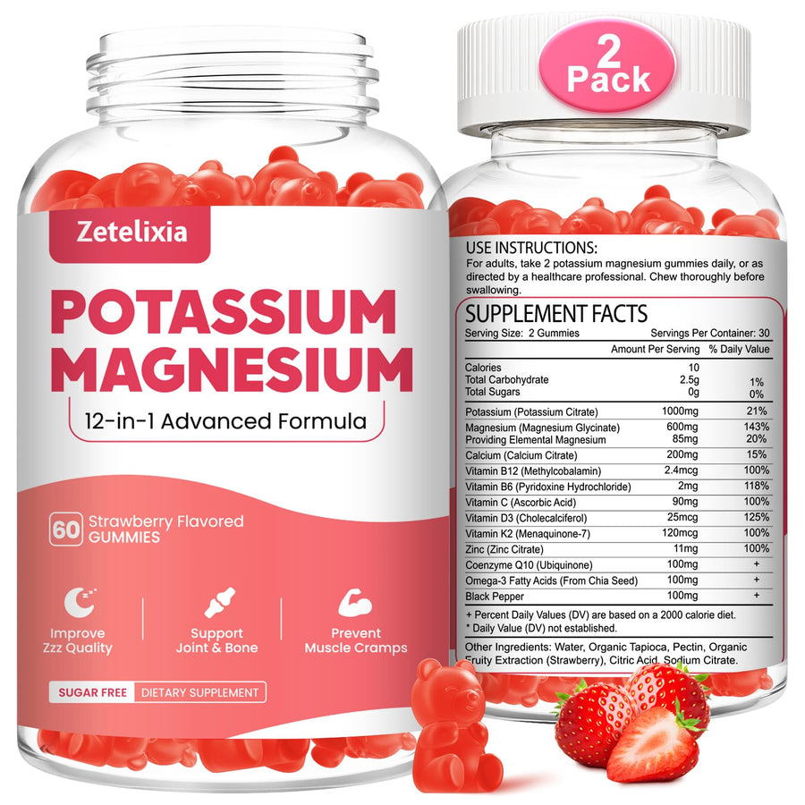 Potassium Magnesium Supplement Gummies for Adults Kids, Magnesium Glycinate & Potassium Citrate, Plus Multivitamin, Omega-3 & Black Pepper, Leg Cramps, Muscle & Heart Health, 120 cts