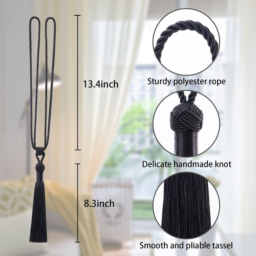 2 Pack Long Tassel Curtain Tiebacks Handmade Braided Rope Knot Drape Tie Backs European Style Decorative Curtain Holdbacks for Home & Office Window Drapery (Black)