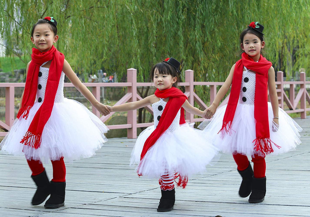 Snowman Costume Baby Girls 1st Christmas Outfit White Tutu Dress with Scarf and Hat (Snowman with Headwear)