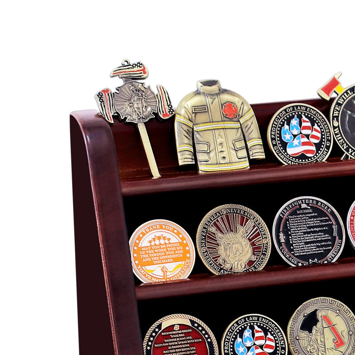 4 Rows Military Wooden Challenge Coin Display Case Wall Mountable Army Coin Holder Stand Rack, Holds 32 Coins, Mahogany